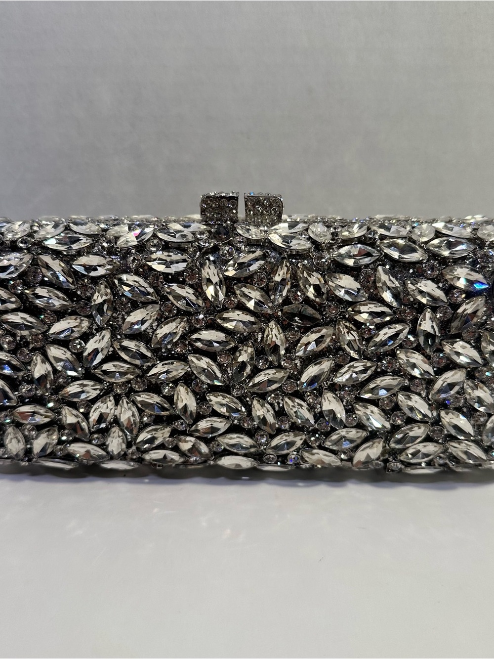 Crystal-Embellished Silver Evening Clutch - Designer Style